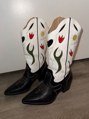 Black & White Floral Inlay Western Boots with Red and Olive Accents